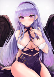  absurdres azur_lane bare_arms bare_shoulders black_wings blunt_bangs blush breasts cleavage closed_mouth dido_(anxious_bisque_doll)_(azur_lane) dido_(azur_lane) dress female hairband halter_dress halterneck highres large_breasts long_hair looking_at_viewer official_alternate_costume pelvic_curtain purple_dress purple_eyes purple_hair purple_hairband ryara sitting sleeveless sleeveless_dress smile solo straight_hair thighs very_long_hair wings 