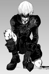  1boy 9s_(nier:automata) bad_id bad_pixiv_id bleeding blindfold blood blood_on_face boots closed_mouth collarbone cube gloves gradient_background greyscale highres holding injury male_focus momomosae monochrome nier:automata nier_(series) on_one_knee scratches socks solo torn_clothes torn_gloves 