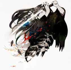  bad_id bad_pixiv_id bird black_hair black_nails blue_eyes crow female hiko_(lg612) katana long_hair nail_polish original simple_background solo sword weapon white_background 