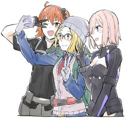  3girls ;d ahoge alligator animal animal_on_shoulder armor beanie belt black_armor black_belt black_scrunchie black_shirt blonde_hair blue_shirt blush breastplate buttons cardigan_vest cellphone closed_mouth collared_shirt commentary crocodilian fate/grand_order fate_(series) fujimaru_ritsuka_(female) fujimaru_ritsuka_(female)_(polar_chaldea_uniform) glasses gloves grey_belt grey_headwear hair_ornament hair_over_one_eye hair_scrunchie hat holding holding_phone long_sleeves mash_kyrielight mash_kyrielight_(ortenaus) multiple_girls naosuke_(morioka_shachuu) necktie one_eye_closed one_eye_covered open_mouth orange_hair paul_bunyan_(fate) phone pink_hair purple_eyes red_necktie scrunchie selfie shirt short_hair short_sleeves side_ponytail simple_background smile super_bunyan_(fate) super_bunyan_(second_ascension)_(fate) taking_picture v vest white_background white_gloves white_vest yellow_eyes 