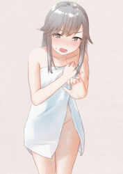  alternate_hairstyle brown_eyes cowboy_shot female grey_background grey_hair hair_down highres kantai_collection leaning_forward long_hair looking_at_viewer naked_towel open_mouth sakieko simple_background solo standing towel usugumo_(kancolle) 