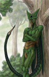  absurd_res arthropod bio-android_(dragon_ball) brown_body brown_exoskeleton cell_(dragon_ball) dark_spots dragon_ball dragon_ball_z elytron exoskeleton green_body green_exoskeleton hi_res humanoid hybrid imperfect_cell male outside plant ramul redesign solo spiracles stinger_(anatomy) tree 