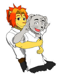  2011 5:6 anthro biped black_nose bottomwear chuukichi_(morenatsu) clothing duo felid grey_body hi_res hug hugging_another hugging_from_behind humanoid_hands kemono lion male mammal morenatsu mouse murid murine pantherine pants rodent shirt simple_background soutarou_(morenatsu) topwear white_background 昧吾 