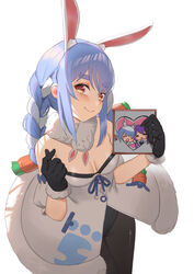  absurdres animal_ear_fluff animal_ears arms_up bad_id bad_pixiv_id black_gloves black_leotard black_pantyhose blue_hair blush braid carrot_hair_ornament commentary detached_sleeves don-chan_(usada_pekora) drawing_(object) dress female food-themed_hair_ornament from_above fur-trimmed_dress fur-trimmed_gloves fur_trim gloves hair_ornament head_tilt heart highres holding holding_drawing hololive hololive_indonesia jmao leotard leotard_under_clothes long_hair looking_at_viewer moona_hoshinova moona_hoshinova_(1st_costume) multicolored_hair pantyhose puffy_short_sleeves puffy_sleeves rabbit_ears rabbit_girl red_eyes short_sleeves sidelocks simple_background smile solo strapless strapless_dress symbol-shaped_pupils thick_eyebrows twin_braids twintails two-tone_hair usada_pekora usada_pekora_(1st_costume) virtual_youtuber white_background white_dress white_hair 