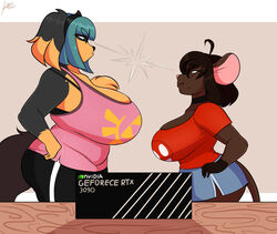  anthro big_breasts breasts brown_body brown_fur canid canine canis choker clothed clothing curvy_figure digital_media_(artwork) domestic_dog duo eyewear female fur glasses gwen_geek gwen_martin hair huge_breasts jewelry jwinkz mammal markings mole_(marking) mouse multicolored_hair murid murine necklace nintendo nvidia rodent rtx_3090 the_legend_of_zelda triforce zoey_(jwinkz) 