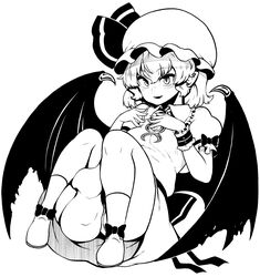  :d bad_id bad_twitter_id bat_wings female greyscale hands_up hat hat_ribbon highres himajin_noizu inactive_account knees_up looking_at_viewer mob_cap monochrome oerba_yun_fang remilia_scarlet ribbon short_sleeves slit_pupils smile socks solo touhou wings 