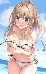  ass_visible_through_thighs bad_id bad_twitter_id bare_arms bare_shoulders bikini blush breasts brown_hair cleavage collarbone commentary covering_breasts covering_privates cowboy_shot day embarrassed female groin hair_ornament hairclip halterneck highres large_breasts long_hair looking_at_viewer navel nose_blush open_mouth original oryo_(oryo04) outdoors ponytail purple_eyes side-tie_bikini_bottom sidelocks solo stomach string_bikini swimsuit symbol-only_commentary thigh_gap thighs wardrobe_malfunction wet white_bikini 