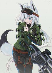  ahoge angel_city_hustler_mirage animal_ears apex_legends assault_rifle blue_eyes braid chains charge_rifle cosplay denken female finger_to_mouth fox_ears fox_girl fox_tail goggles goggles_on_head gun highres holding holding_gun holding_weapon hololive long_hair mirage_(apex_legends) mirage_(apex_legends)_(cosplay) pants pentagram ponytail rifle shirakami_fubuki simple_background smile solo standing tail virtual_youtuber weapon white_hair 