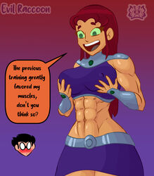  1girls abs alien alien_girl barefoot biceps big_breasts black_text blush cartoon_network dc dc_comics dcau dialogue dick_grayson evil_raccoon grabbing grabbing_own_breast green_eyes holding holding_breast long_hair male miniskirt muscles muscular muscular_female orange_hair orange_skin orange_text_box purple_background red_hair robin_(dc) robin_(dick_grayson) six_pack skirt smile starfire teen_titans thick_thighs 