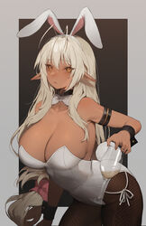  animal_ears antenna_hair arm_strap bare_shoulders black_background black_wrist_cuffs border bow bowtie breasts brown_pantyhose cleavage closed_mouth collarbone cup dark-skinned_female dark_elf dark_skin detached_collar elf fake_animal_ears female fishnet_pantyhose fishnets hairband highres holding holding_cup large_breasts leotard long_hair looking_at_viewer pantyhose playboy_bunny pointy_ears rabbit_ears rabbit_tail sansei_muramasa solo soukou_akki_muramasa strapless strapless_leotard tail terupancake thighs traditional_bowtie twitter_username very_long_hair white_border white_bow white_bowtie white_hair wing_collar wrist_cuffs yellow_eyes 