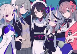  animal_ears heterochromia higuchi_kaede horns inui_toko japanese_clothes lize_helesta maid mochizuki_kei nekomimi nijisanji rindou_mikoto seifuku suzuhara_ruru sweater 