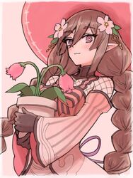  apo_518 braid closed_mouth demon_girl female flower flower_pot hat heart heart-shaped_pupils holding holding_flower_pot looking_at_viewer ludmila_(rune_factory) rune_factory rune_factory_5 solo symbol-shaped_pupils twin_braids upper_body witch_hat 