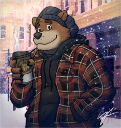  2021 alpha_channel anthro bear border brown_bear brown_body brown_fur clothing dean_(password) fur hat headgear headwear hoodie humanoid_hands male mammal noatek nyzcait outside password_(visual_novel) snow snowing solo topwear transparent_border ursine 