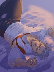  1boy andy_(undead_unluck) bara collared_shirt dark feet_out_of_frame grey_hair highres knee_up large_pectorals light_smile looking_at_viewer loose_necktie lying male_focus miami0158 muscular muscular_male necktie on_back on_bed partially_unbuttoned pectorals red_necktie shirt short_hair smile solo undead_unluck 