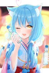  ;d absurdres ahoge animal_ear_fluff animal_ears blue_hair blurry blurry_background blush bottle cat_ears cat_girl cat_tail depth_of_field female hair_between_eyes hair_ornament hairclip heart heart_ahoge highres holding holding_bottle hololive honome_sui japanese_clothes kimono long_hair looking_at_viewer low_twintails official_alternate_costume official_alternate_hairstyle one_eye_closed open_mouth ramune ribbon smile solo tail tail_ornament tail_ribbon twintails upper_body virtual_youtuber yellow_eyes yukihana_lamy yukihana_lamy_(new_year) 