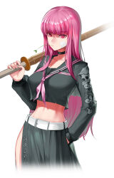  absurdres alternate_costume bandaid bandaid_on_face belt black_choker black_sailor_collar choker crop_top delinquent female highres holding holding_sword holding_weapon hololive hololive_english long_hair looking_at_viewer mori_calliope mouth_hold navel neckerchief pink_eyes pink_hair pink_neckerchief sailor_collar school_uniform skeleton_print solo stalk_in_mouth sukeban sword virtual_youtuber weapon white_belt wooden_sword yuudokou_shounen 