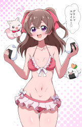  absurdres bikini blush breasts brown_hair collarbone commentary cowboy_shot delicious_party_precure eggman_(ni_tamagoex) female food food_on_face frilled_bikini frills front-tie_bikini_top front-tie_top groin hair_ribbon halterneck heart highres holding holding_food kome-kome_(precure) looking_at_viewer medium_hair nagomi_yui navel notice_lines onigiri open_mouth pink_bikini pink_ribbon precure purple_eyes recipipi ribbon rice_ball_recipipi small_breasts smile solo standing sweatdrop swimsuit thigh_gap translated two_side_up 