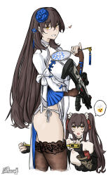  2girls ak-alfa alternate_weapon artist_name assault_rifle black_gloves black_thighhighs blue_flower blush breasts brown_eyes brown_hair cased_tape_measure china_dress chinese_clothes commentary cropped_legs cropped_torso dress emoji english_commentary fingerless_gloves flower furauji girls&#039;_frontline girls&#039;_frontline_2:_exilium gloves gun hair_flower hair_ornament hand_fan heart holding holding_fan holding_gun holding_weapon long_hair looking_at_viewer multiple_girls official_alternate_costume open_mouth panties paper_fan parted_lips partially_fingerless_gloves rifle side-tie_panties simple_background smile speech_bubble spoken_emoji thighhighs twintails type_95_(girls&#039;_frontline) type_95_(narcissus)_(girls&#039;_frontline) type_97_(girls&#039;_frontline) underwear weapon white_background white_dress white_panties 