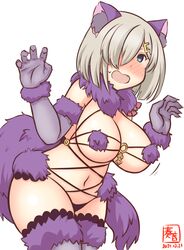  2021 animal_ears artist_logo blue_eyes breasts commentary_request cosplay dated elbow_gloves fate_(series) female fur-trimmed_gloves fur-trimmed_legwear fur_collar fur_trim gloves grey_hair hair_ornament hair_over_one_eye hairstyle_connection halloween halloween_costume hamakaze_(kancolle) kanon_(kurogane_knights) kantai_collection lace-trimmed_legwear lace_trim large_breasts leaning_forward look-alike mash_kyrielight mash_kyrielight_(cosplay) mash_kyrielight_(dangerous_beast) mash_kyrielight_(dangerous_beast)_(cosplay) navel o-ring o-ring_top one-hour_drawing_challenge purple_gloves purple_tail purple_thighhighs revealing_clothes simple_background solo tail thighhighs white_background wolf_ears wolf_girl wolf_tail 