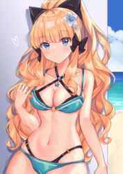  absurdres aqua_bikini bikini black_bow blonde_hair blue_eyes blush bow breasts cleavage closed_mouth collarbone commentary day elf female flower hair_flower hair_ornament hair_up hairbow happy highres large_breasts layered_bikini long_hair looking_at_viewer miyakoto navel outdoors pointy_ears ponytail princess_connect! saren_(princess_connect!) saren_(summer)_(princess_connect!) smile solo swimsuit 