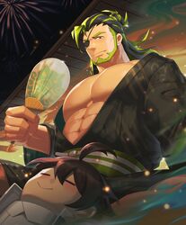  2boys absurdres alk_(world_flipper) bara beard black_hair black_kimono closed_eyes closed_mouth eyepatch facial_hair fireworks green_hair hand_fan highres holding holding_fan japanese_clothes kimono large_pectorals leon_(world_flipper) long_hair male_focus multiple_boys muscular muscular_male night night_sky one_eye_covered outdoors pectorals sitting sky smile world_flipper zhuganchangjiadan 