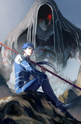  2boys abs armor beads blue_bodysuit blue_hair bodysuit closed_mouth commentary cu_chulainn_(fate) cu_chulainn_(fate/stay_night) cu_chulainn_alter_(fate) dark_persona earrings eilinna english_commentary fate/grand_order fate/stay_night fate_(series) floating_hair gae_bolg_(fate) giant giant_male glowing glowing_eye hair_beads hair_ornament highres holding holding_polearm holding_weapon hood hood_up jewelry long_hair looking_at_viewer male_focus multiple_boys multiple_persona muscular muscular_male pauldrons polearm ponytail red_eyes ribs shoulder_armor sitting skin_tight smile spear spiked_hair weapon 