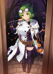  alternate_costume belt blush boots breasts brown_footwear cait_aron candy closed_mouth commentary doorway dress earrings female fire_emblem fire_emblem:_the_sacred_stones fire_emblem_heroes food full_body gloves goggles goggles_on_head green_eyes green_hair halloween halloween_costume highres jack-o&#039;-lantern jack-o&#039;-lantern_earrings jewelry l&#039;arachel_(fire_emblem) l&#039;arachel_(halloween)_(fire_emblem) large_breasts lollipop looking_at_viewer official_alternate_costume ponytail purple_dress purple_gloves purple_thighhighs skindentation smile solo standing test_tube thighhighs zettai_ryouiki 