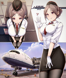  absurdres airbus airbus_a350 aircraft airplane between_breasts black_headwear black_legwear breasts brown_eyes brown_hair cloud cloudy_sky female flight_attendant from_above gloves hay highres impossible_clothes multiple_views necktie necktie_between_breasts original pantyhose parted_bangs pencil_skirt senjouhara_nira shirt skirt sky thighs tied_hair travel_attendant waving white_gloves white_shirt 