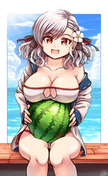  absurdres bikini blue_sky breasts cloud commentary day female food fruit girls&#039;_frontline grey_hair highres large_breasts long_sleeves official_alternate_costume outdoors red_eyes senpaihawkkun sitting sky solo spas-12_(girls&#039;_frontline) spas-12_(midsummer_fruit)_(girls&#039;_frontline) strapless strapless_bikini swimsuit symbol-only_commentary twintails watermelon white_bikini 