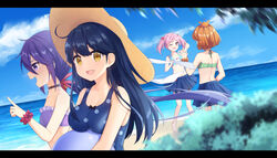  4girls :d absurdres akebono_(kancolle) akebono_(swimsuit_mode)_(kancolle) ball bare_arms bare_legs bare_shoulders barefoot beachball bell bikini bikini_top_only black_hair blue_bikini blue_one-piece_swimsuit blue_skirt blue_sky blurry blurry_foreground blush breasts brown_eyes brown_hair brown_headwear brown_scrunchie casual_one-piece_swimsuit cloud collarbone commentary_request day depth_of_field flat_chest flower green_bikini hair_bell hair_between_eyes hair_flower hair_ornament hat highres horizon jingle_bell kantai_collection large_breasts letterboxed long_hair multiple_girls oboro_(kancolle) ocean one-piece_swimsuit open_mouth outdoors palm_tree pink_hair pleated_skirt polka_dot polka_dot_swimsuit poppy_(poppykakaka) profile purple_bikini purple_eyes purple_hair red_scrunchie sazanami_(kancolle) sazanami_(swimsuit_mode)_(kancolle) scrunchie side_ponytail skirt sky smile sun_hat swimsuit tree ushio_(kancolle) ushio_(swimsuit_mode)_(kancolle) very_long_hair water wrist_scrunchie 