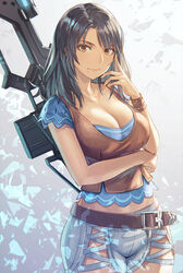  absurdres anbe_yoshirou belt black_hair breast_hold breasts brown_eyes cleavage closed_mouth collarbone commentary female gradient_background gun gun_on_back hand_up highres large_breasts lips looking_at_viewer mole mole_under_mouth pants parted_bangs rifle sharla_(xenoblade) short_sleeves simple_background solo symbol-only_commentary weapon weapon_on_back wristband xenoblade_chronicles_(series) xenoblade_chronicles_1 