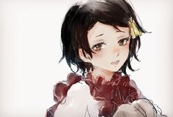  ann_magnolia bad_id bad_pixiv_id black_hair blush commentary dress female frilled_dress frills hair_ornament hair_ribbon highres lolicon looking_at_viewer machihazure nose_blush open_mouth ribbon short_hair simple_background solo upper_body violet_evergarden_(series) white_background yellow_ribbon 