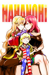  3girls american_flag_dress american_flag_legwear blonde_hair breasts clownpiece collar family hecatia_lapislazuli highres holding_hands junko_(touhou) kagehito large_breasts long_hair mother&#039;s_day mother_and_daughter multiple_girls noses_touching off-shoulder_shirt off_shoulder pantyhose profile red_hair shirt smile tabard touhou white_background yuri 