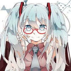  bare_shoulders bespectacled blue_eyes blue_hair blue_necktie breasts closed_mouth collared_shirt commentary cropped_torso detached_sleeves dress_shirt female finger_to_eyewear glasses gradient_hair grey_shirt hair_between_eyes hatsune_miku highres light_blue_hair long_hair looking_at_viewer medium_breasts multicolored_hair necktie red-framed_eyewear shirt simple_background sleeveless sleeveless_shirt smile solo symbol-only_commentary twintails ukikuchannme vocaloid white_background 