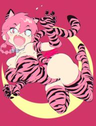  :d aetherion animal_ears animal_print armband blush blush_stickers braid braided_ponytail breasts claw_pose cleavage covered_nipples eyeshadow fangs female full_body gloves hair_between_eyes highleg highleg_leotard highres leotard makeup moon open_mouth pink_background pink_eyes pink_eyeshadow pink_gloves pink_hair pink_leotard pink_theme pink_thighhighs print_gloves print_leotard print_thighhighs ranma-chan ranma_1/2 smile solo strapless strapless_leotard tail thighhighs tiger_ears tiger_print tiger_stripes tiger_tail 