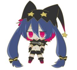  black_footwear black_gloves black_headwear black_shorts blue_hair boots bow chibi colored_skin dark_blue_hair elbow_gloves female gloves grey_skin hair_between_eyes hairbow hat long_hair open_mouth original pink_hair shorts simple_background smile solo transparent_background twintails usagi_nui very_long_hair zodiac_(usagi_nui) 