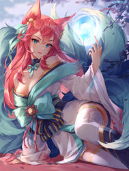  absurdres ahri_(league_of_legends) animal_ear_fluff animal_ears aniroud artist_name bare_shoulders bell blue_bow blue_choker blue_eyes blue_ribbon bow branch breasts choker cleavage eyeshadow facial_mark feet_out_of_frame female fingernails fox_ears fox_girl fox_tail hair_ribbon hand_up highres japanese_clothes jingle_bell kimono league_of_legends long_hair looking_at_viewer makeup multiple_tails obi official_alternate_costume orb pink_nails reclining red_hair ribbon ribbon_choker sash sharp_fingernails signature smile solo spirit_blossom_(league_of_legends) spirit_blossom_ahri tail thighhighs whisker_markings white_kimono white_thighhighs 