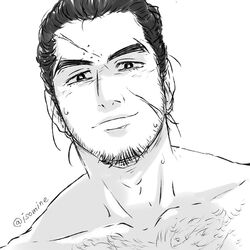  1boy bara beard_stubble chest_hair collarbone dutch_angle facial_hair golden_kamuy greyscale isomine looking_at_viewer male_focus mature_male monochrome nude portrait rikimatsu_ariko scar scar_on_cheek scar_on_face smile solo stubble thick_eyebrows 