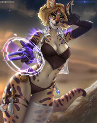  2021 anthro blonde_hair breasts clothing digital_media_(artwork) etskuni eyebrows eyelashes felid feline feline_ears female hair hi_res knife legband legwear magic_user mammal midriff navel open_mouth potion_bottle solo thigh_highs thighband underwear unknown_species wide_hips yellow_eyes 