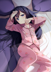  akatsuki_(kancolle) bed blanket blush female food_print kantai_collection long_hair long_sleeves lying mofu_namako on_back pajamas pillow pink_pajamas purple_eyes purple_hair sleepwear solo strawberry_print tears waking_up 