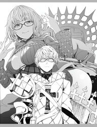  1boy blank_eyes breasts cleavage cropped_jacket dress dual_persona fate/grand_order fate/grand_order_arcade fate_(series) female glasses greyscale highres hooded_dress jacques_de_molay_(foreigner)_(fate) jacques_de_molay_(foreigner)_(second_ascension)_(fate) jacques_de_molay_(saber)_(fate) knights_templar looking_at_viewer medium_breasts monochrome no_pupils rule_63 smile syatey 