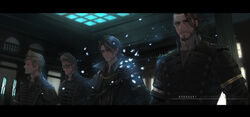  4boys beard black_hair blonde_hair brown_hair cape copyright_name dated facial_hair final_fantasy final_fantasy_xv gladiolus_amicitia goatee ignis_scientia letterboxed male_focus multiple_boys noctis_lucis_caelum pompadour prompto_argentum scar serious spiked_hair sunglasses upper_body yuzukarin 