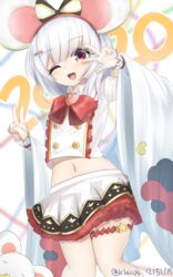  2020 :d absurdres animal_ears bow bowtie brooch buttons chinese_zodiac collared_shirt double-breasted female granblue_fantasy hairband hairbow hand_up heart heart-shaped_gem heart_brooch highres jewelry klaius looking_at_viewer midriff miniskirt mouse_ears navel one_eye_closed open_mouth pleated_skirt red_eyes shirt skirt smile solo standing striped striped_bow thigh_strap v vikala_(granblue_fantasy) w w_over_eye white_hair white_shirt white_skirt wing_collar year_of_the_rat 