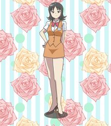  absurdres agent_aika aika_(series) black_eyes black_hair blue_delmo blush breast_pocket breasts brown_footwear buttons closed_mouth commentary female floral_background flower full_body hand_on_own_hip high_heels highres kuroyoshi light_blush looking_at_viewer medium_breasts neck_ribbon orange_skirt orange_vest pencil_skirt pocket red_ribbon ribbon rose shirt short_hair short_sleeves skirt smile solo standing uniform vest waitress waitress_delmo white_shirt 