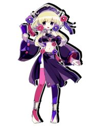  bangs barefoot blonde_hair breasts bright_pupils detached_sleeves female flower full_body hair_flower hair_ornament long_hair long_sleeves navel open_mouth original pink_flower pink_pupils purple_eyes purple_flower purple_sleeves salty_(usagi_nui) simple_background small_breasts smile solo transparent_background usagi_nui 