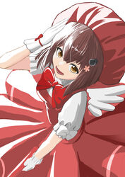  arm_up bow bowtie brown_eyes brown_hair cardcaptor_sakura commentary_request commission cosplay dress female from_above gloves headgear highres kantai_collection kinomoto_sakura kinomoto_sakura_(cosplay) magical_girl open_mouth pink_dress pink_headwear red_bow red_bowtie salute shirt short_hair short_sleeves simple_background solo speaking_tube_headset upper_body white_background white_gloves white_shirt white_wings wings yuki_4040 yukikaze_(kancolle) 