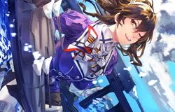  ashigara_(kancolle) ashigara_kai_ni_(kancolle) bad_id bad_twitter_id black_skirt breasts brown_eyes brown_hair cloud day female fukazaki gloves hair_between_eyes hairband highres holding kantai_collection large_breasts long_hair long_sleeves ocean oerba_yun_fang one_eye_closed open_mouth outdoors pantyhose pencil_skirt rigging side_slit skirt sky solo water white_gloves white_pantyhose 