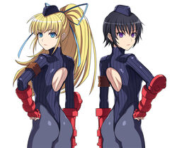  2girls ass black_hair black_headwear black_leotard blonde_hair blue_eyes commentary_request corruption cosplay cowboy_shot dark_persona fingerless_gloves from_behind garrison_cap gloves grey_legwear hai_(h81908190) hair_ribbon hand_on_own_hip hat highleg highleg_leotard leotard lilith_aileron long_hair looking_at_viewer multiple_girls pantyhose pink_headwear ponytail purple_eyes red_gloves ribbed_leotard ribbon rutee_katrea shadaloo_dolls short_hair simple_background street_fighter street_fighter_zero_(series) tales_of_(series) tales_of_destiny thong_leotard very_short_hair white_background 