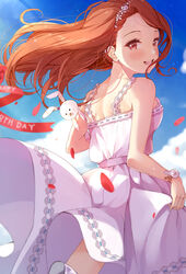  :d bare_arms bare_shoulders blue_sky blush cloud day dress female floating_hair flower_bracelet from_behind happy_birthday highres idolmaster long_hair looking_at_viewer looking_back minase_iori nira_(vira) open_mouth orange_eyes orange_hair red_ribbon ribbon skirt_hold sky sleeveless sleeveless_dress smile solo stuffed_animal stuffed_rabbit stuffed_toy teeth upper_teeth_only usa-chan_(idolmaster) v white_dress 