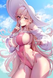  artist_name azur_lane bad_id bad_pixiv_id bare_shoulders blonde_hair blue_sky blush breasts closed_mouth cloud commentary covered_navel cowboy_shot dated day female finger_to_cheek frills groin hair_between_eyes hat highleg highres hip_focus index_finger_raised large_breasts lens_flare lips long_hair long_sleeves looking_at_viewer off_shoulder official_alternate_costume one-piece_swimsuit outdoors pink_eyes richelieu_(azur_lane) richelieu_(fleuron_of_the_waves)_(azur_lane) sideboob sidelocks sky solo sparkle standing sun_hat swimsuit tacco_(tikeworld) thighs untied veins veiny_breasts veiny_thighs wet 